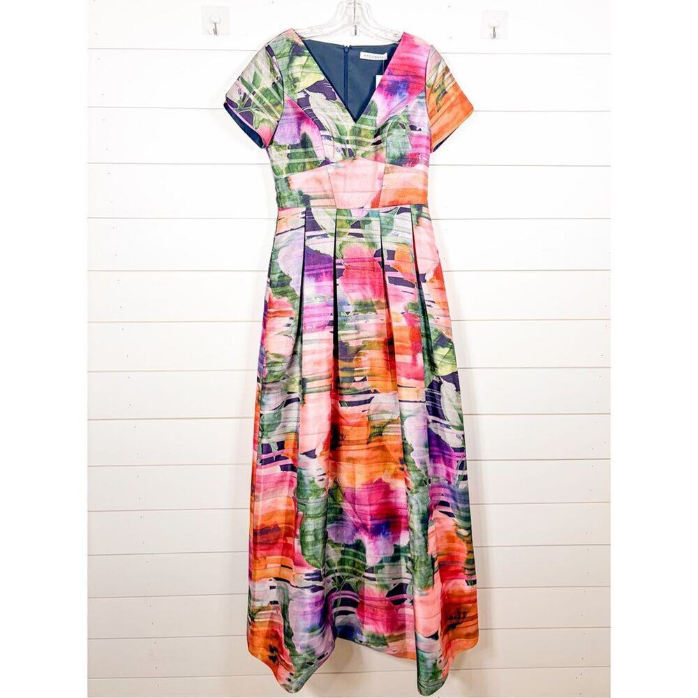 Kay Unger Multicolor Watercolor Maxi Dress in Pink, Green & Orange